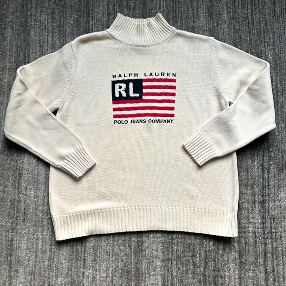 Polo by Ralph Lauren Sweaters - Vintage Ralph Lauren Polo Jeans Company Cream Flag Sweater, Size XL